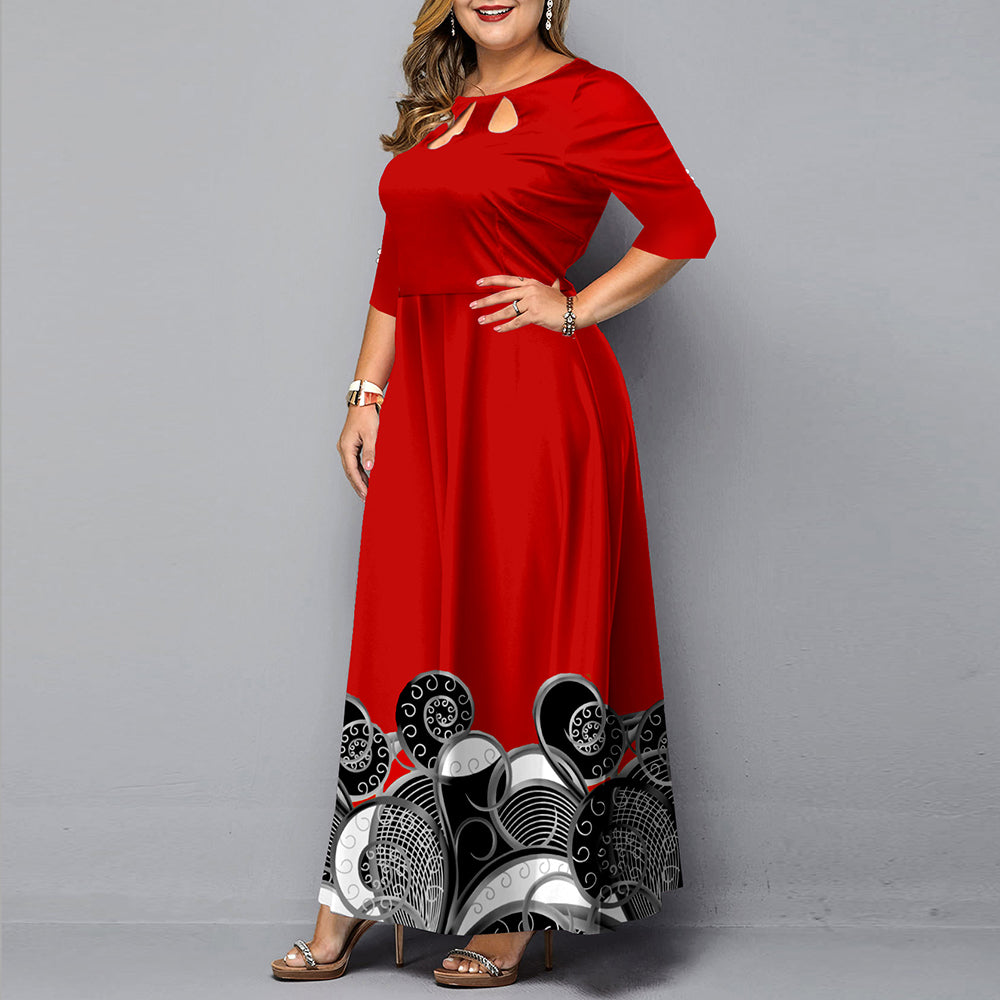 Plus Size Digital Gold Print Maxi Dress - Elegant A-Line Evening Gown