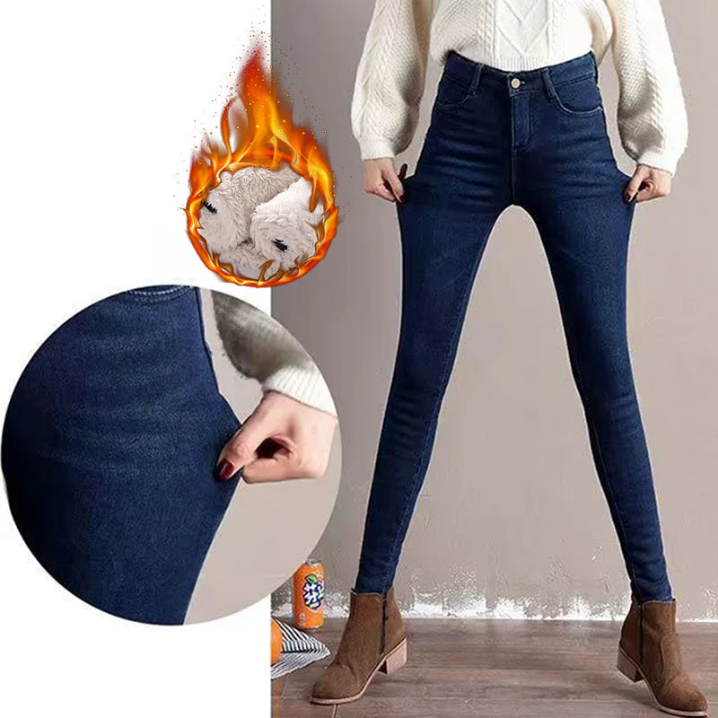 Winter Thicken Fleece Lined Women Jeans Vintage High Waist Snow Wear Vaqueros Casual Skinny Pencil Pants Big Size Warm Pantalons