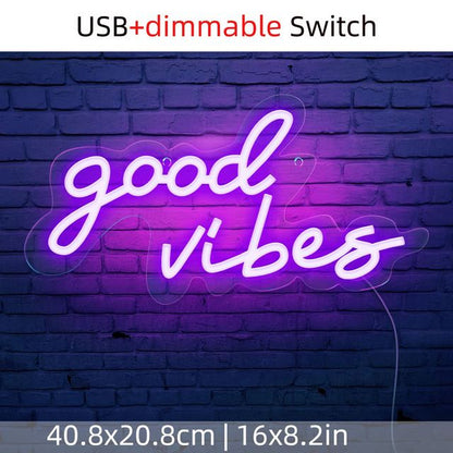 Good Vibes LED Neon Light Wall Art Aesthetics Hanging Neon Sign Wedding Decoration Dimmable Night Light for Bar Party Room Decor