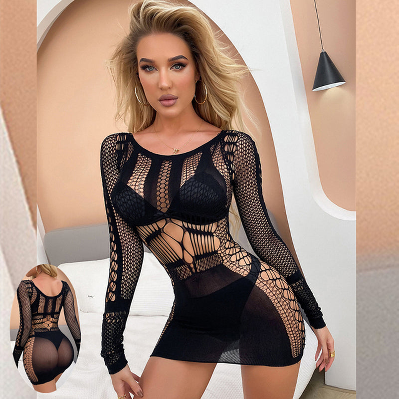 Sexy Women Fishnet Halter Backless Dress 