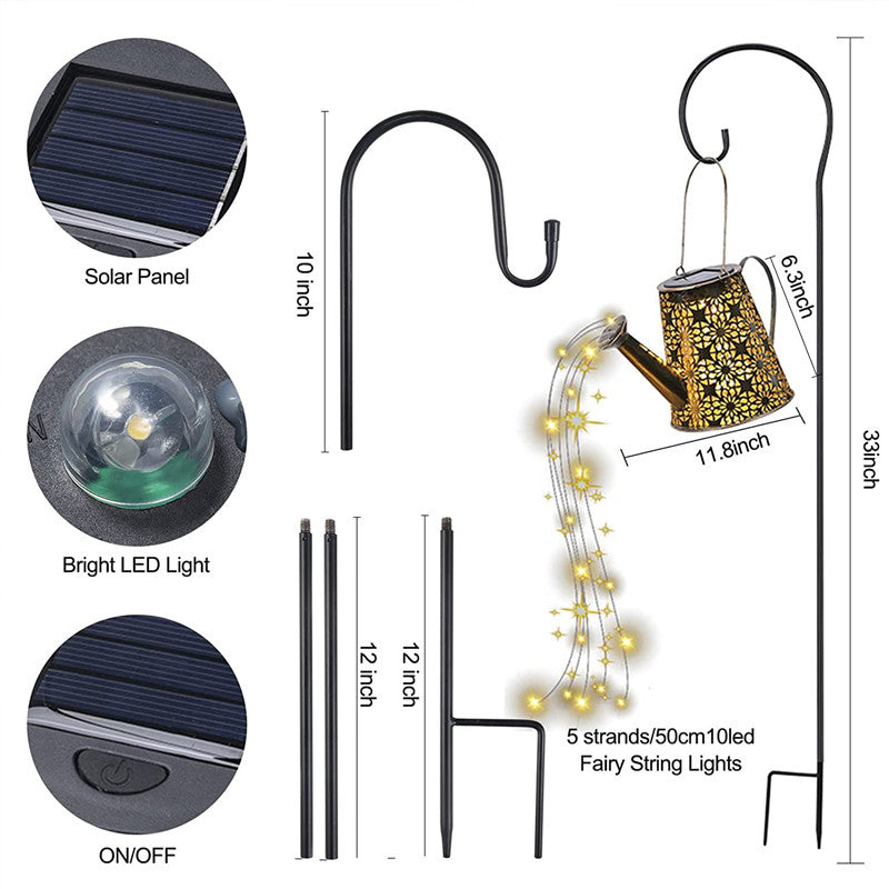 Solar Powered Wrought Iron Hollow Lamp Waterproof Shower Light Trapezoid Watering Can Sprinkles Fairy Light Christmas Garland