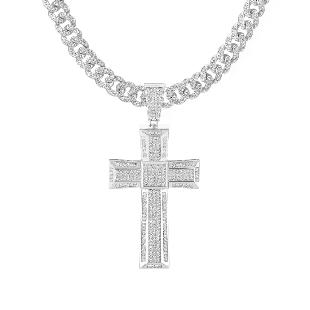 Unisex Gold Color Cross Pendant  Necklace Iced Out