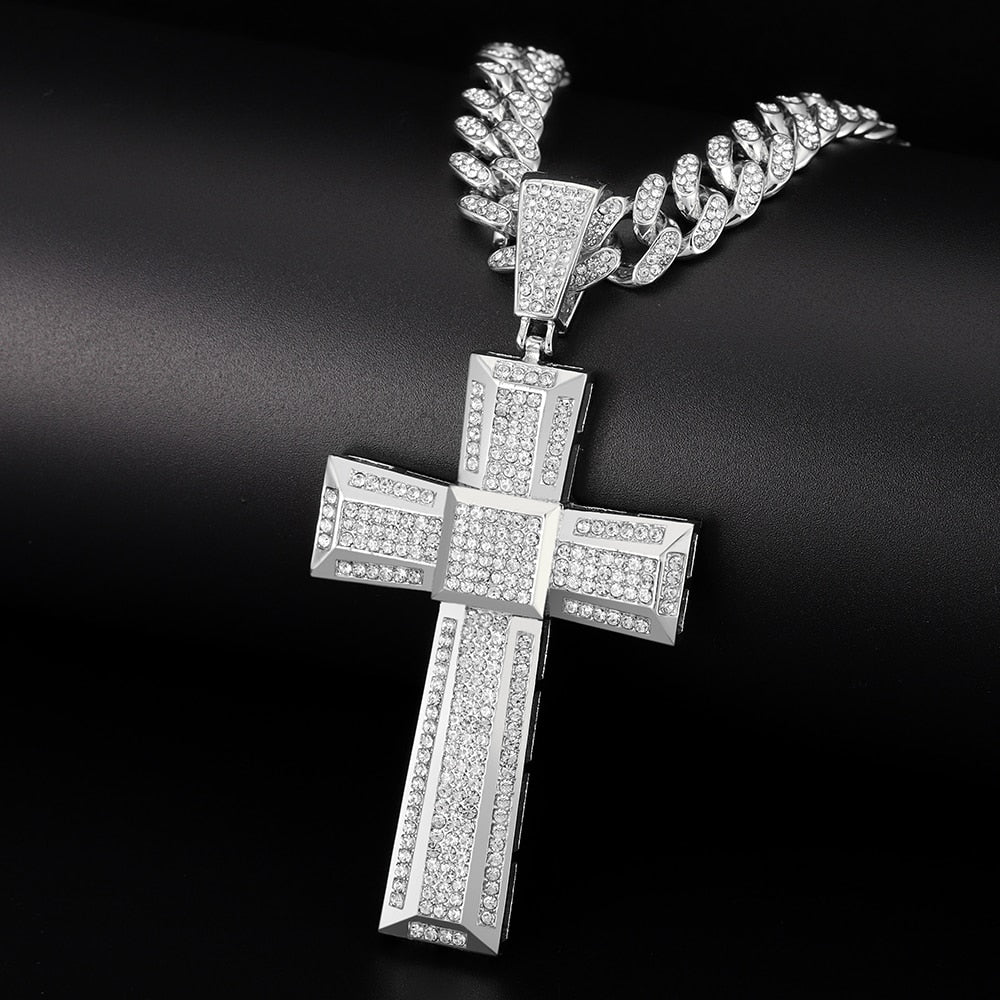 Unisex Gold Color Cross Pendant  Necklace Iced Out