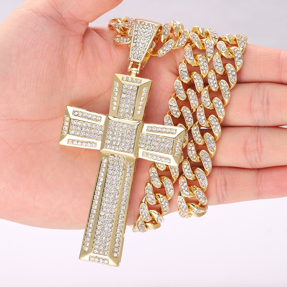 Unisex Gold Color Cross Pendant  Necklace Iced Out