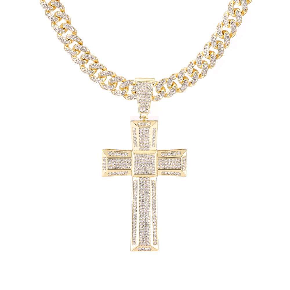 Unisex Gold Color Cross Pendant  Necklace Iced Out