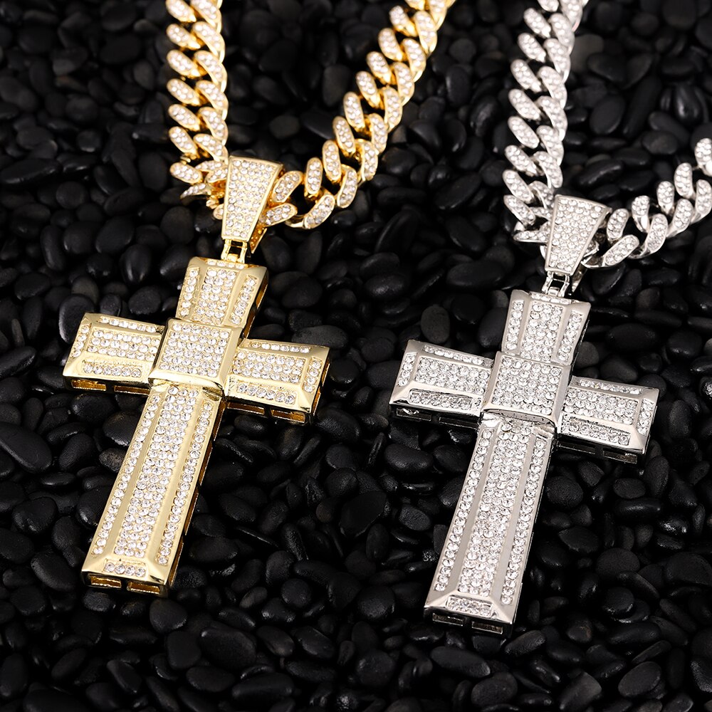 Unisex Gold Color Cross Pendant  Necklace Iced Out