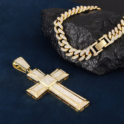 Unisex Gold Color Cross Pendant  Necklace Iced Out