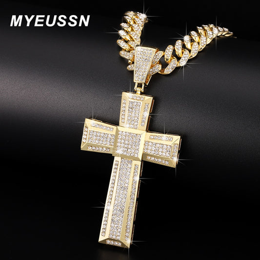 Unisex Gold Color Cross Pendant  Necklace Iced Out