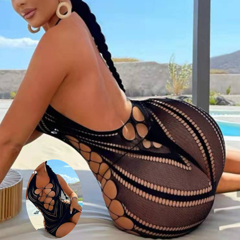 Sexy Women Fishnet Halter Backless Dress 