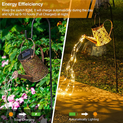 Solar Powered Wrought Iron Hollow Lamp Waterproof Shower Light Trapezoid Watering Can Sprinkles Fairy Light Christmas Garland