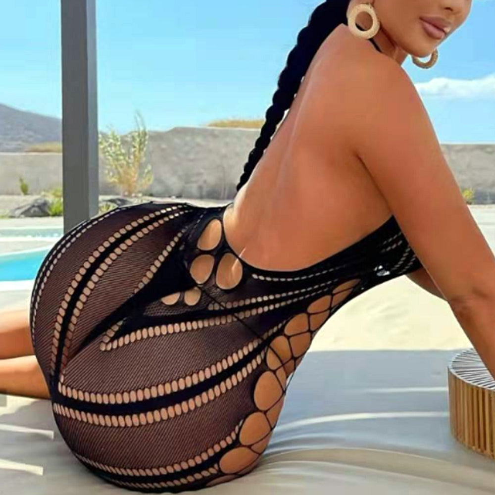 Sexy Women Fishnet Halter Backless Dress 