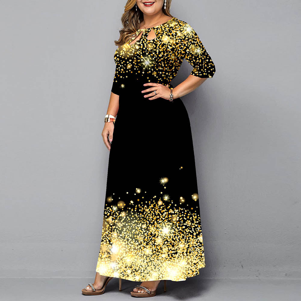 Plus Siz Digital Gold Print Maxi Dresses 2022