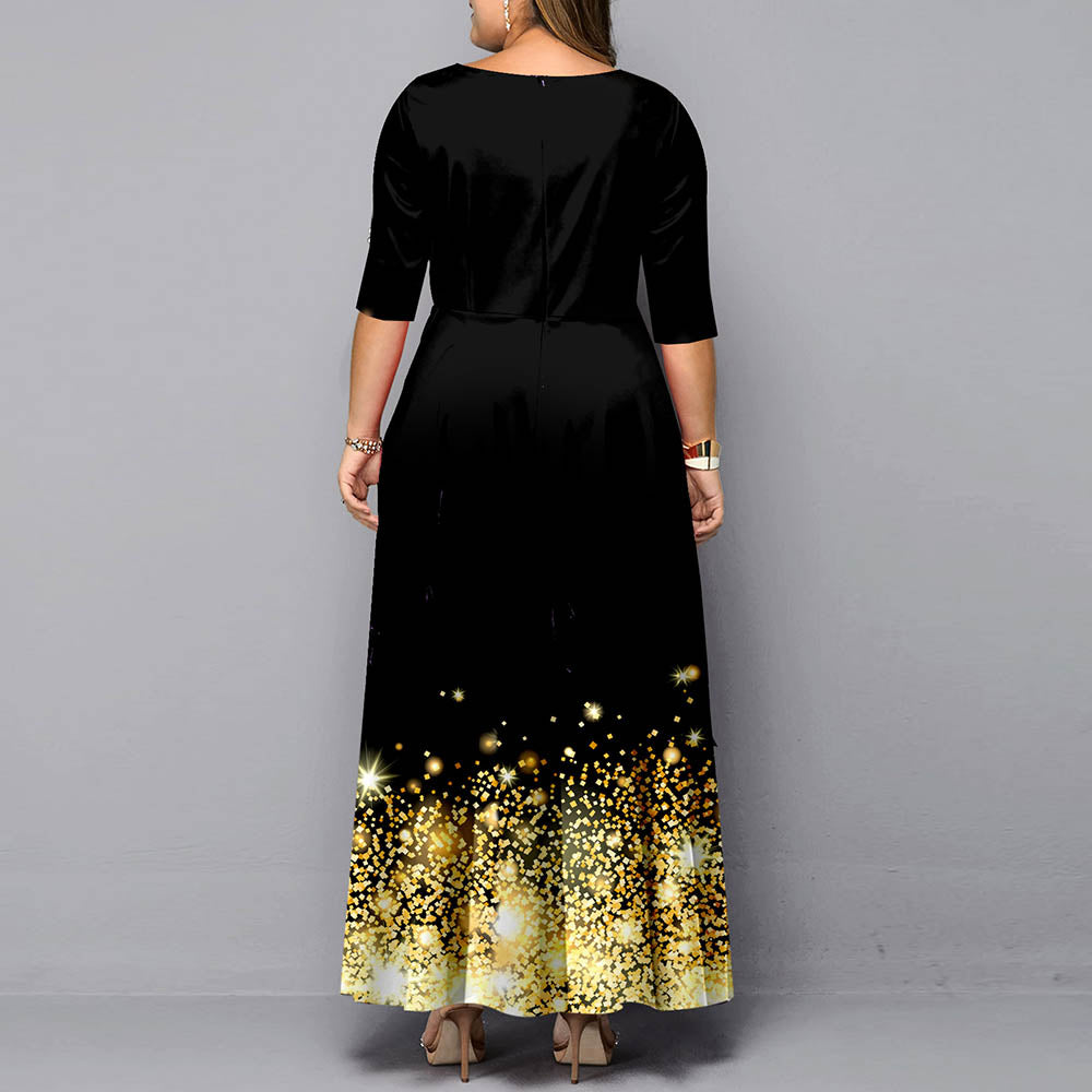 Plus Siz Digital Gold Print Maxi Dresses 2022